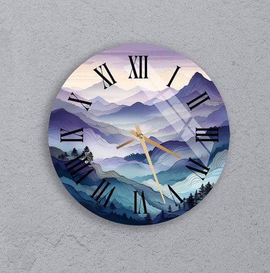 Horloge murale élégante en verre trempé avec vue sur la montagne violette