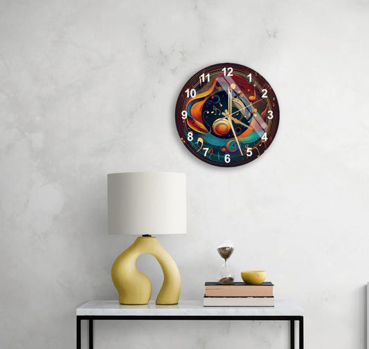 Notes musicales colorées sur verre trempé avec horloge murale déco musique