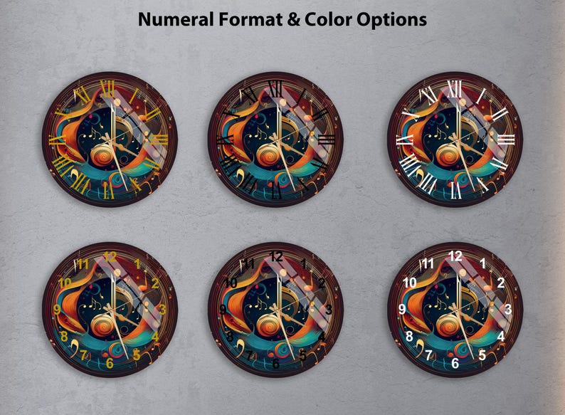 Notes musicales colorées sur verre trempé avec horloge murale déco musique
