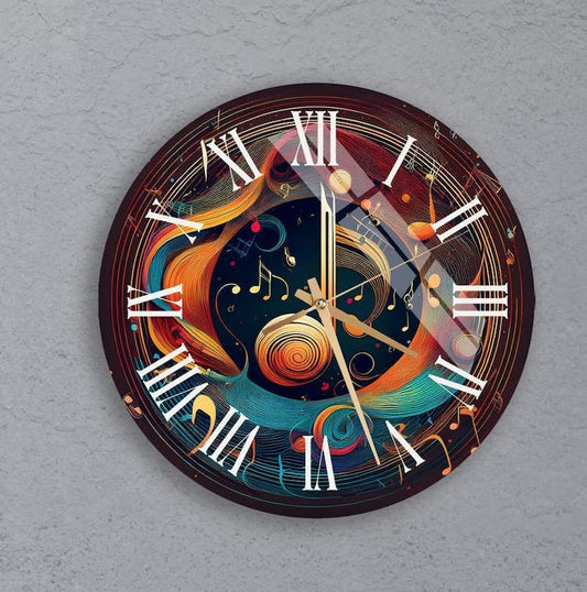 Notes musicales colorées sur verre trempé avec horloge murale déco musique