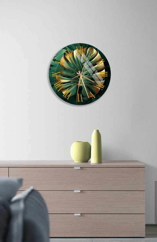 Feuilles palmier dorées sur verre trempé avec horloge murale déco exotique