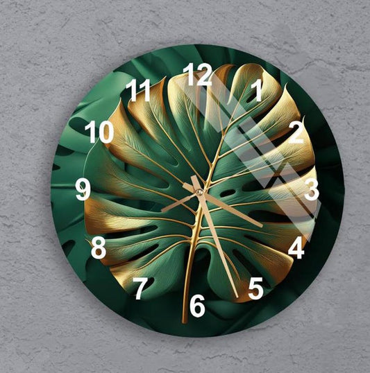 Feuilles palmier dorées sur verre trempé avec horloge murale déco exotique