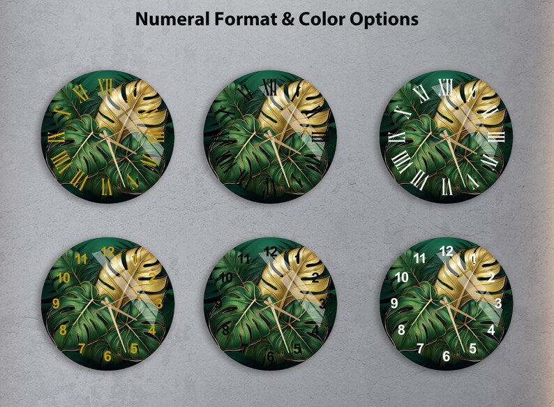 Feuilles vertes dorées sur verre trempé avec horloge murale tropicale