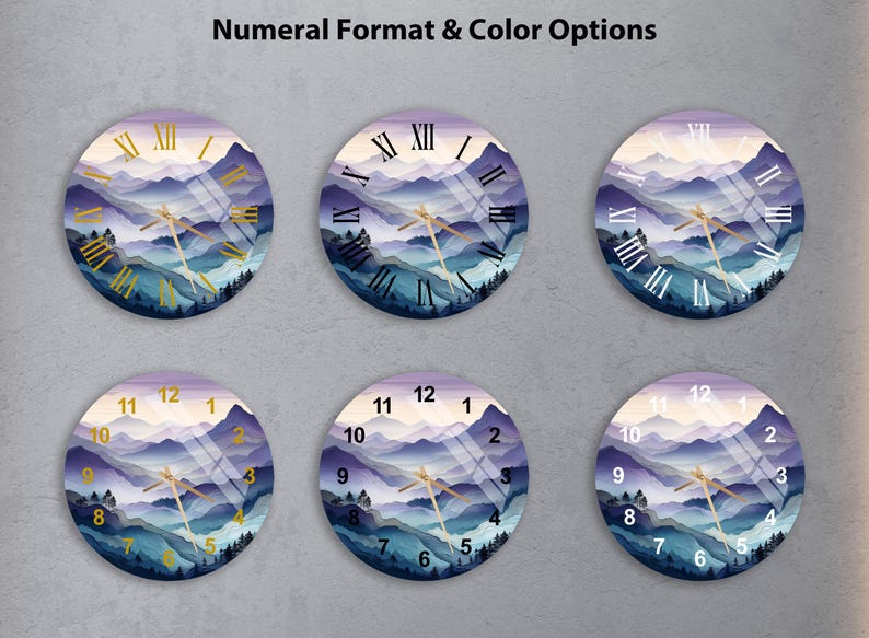 Horloge murale élégante en verre trempé avec vue sur la montagne violette