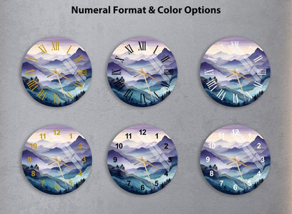 Horloge murale élégante en verre trempé avec vue sur la montagne violette