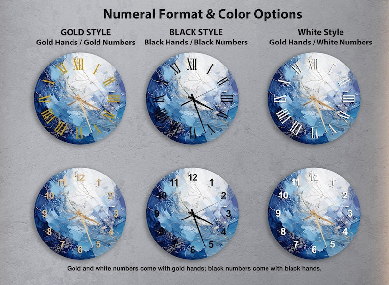 Design artistique bleu sur verre trempé avec horloge murale abstraite