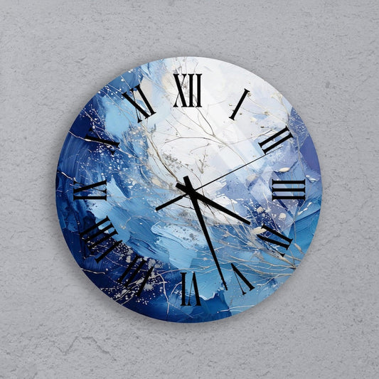 Design artistique bleu sur verre trempé avec horloge murale abstraite