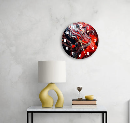 Tourbillons rouge noir sur verre trempé avec horloge murale moderne