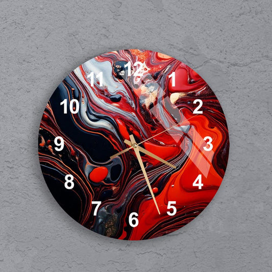 Tourbillons rouge noir sur verre trempé avec horloge murale moderne