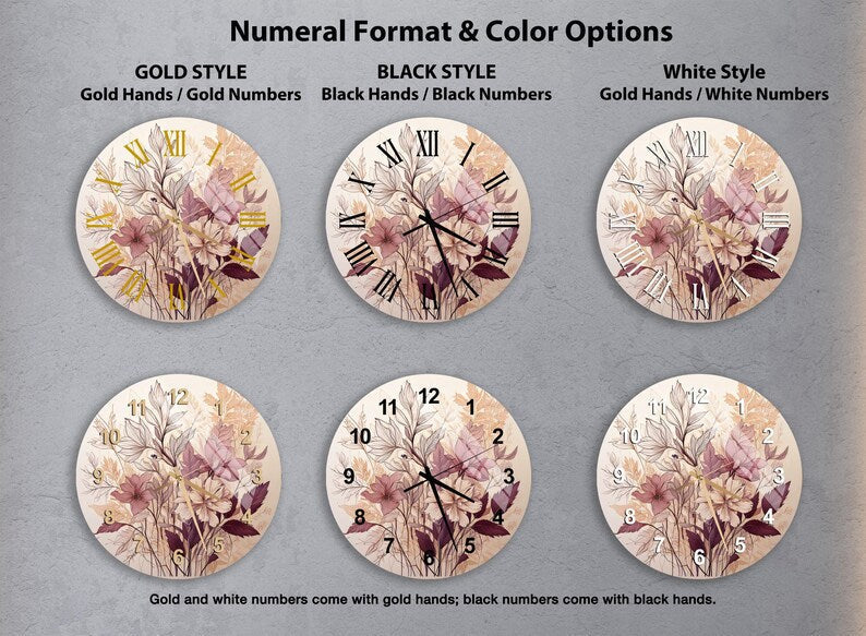 Fleurs beige bourgogne sur verre trempé avec horloge murale florale neutre