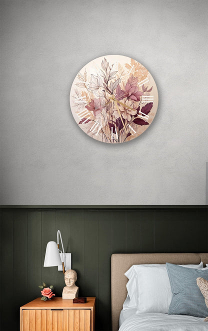 Fleurs beige bourgogne sur verre trempé avec horloge murale florale neutre