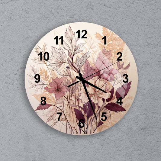 Fleurs beige bourgogne sur verre trempé avec horloge murale florale neutre