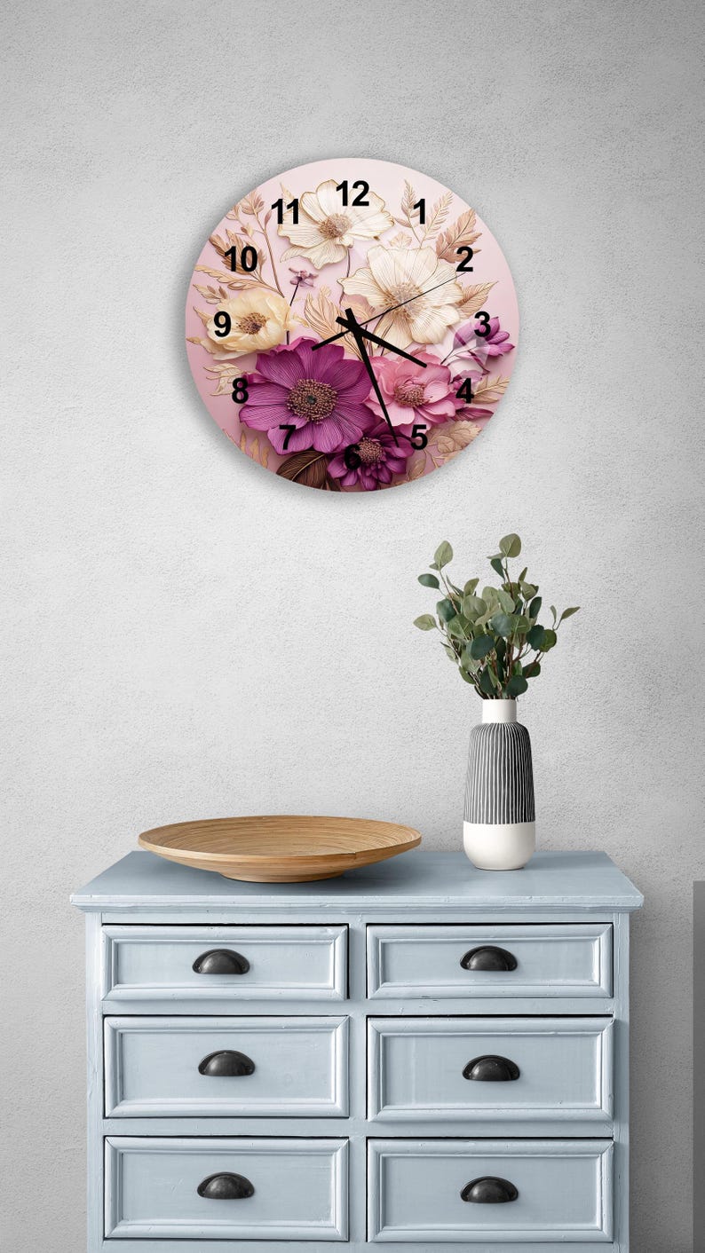 Fleurs rose jaune sur verre trempé avec horloge murale florale élégante