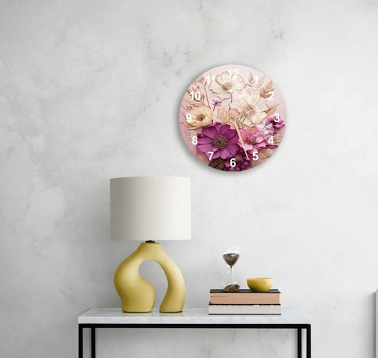 Fleurs rose jaune sur verre trempé avec horloge murale florale élégante
