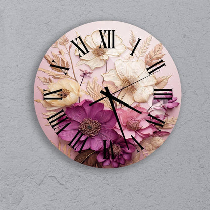 Fleurs rose jaune sur verre trempé avec horloge murale florale élégante