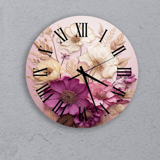 Fleurs rose jaune sur verre trempé avec horloge murale florale élégante