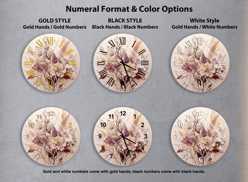 Fleurs beige violette sur verre trempé avec horloge murale botanique