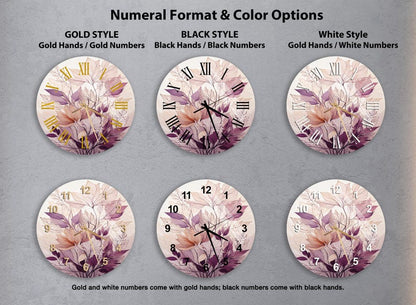 Feuille violette beige sur verre trempé avec horloge murale botanique
