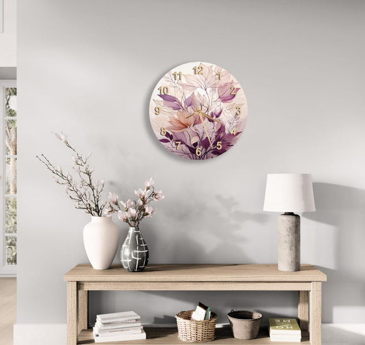 Feuille violette beige sur verre trempé avec horloge murale botanique