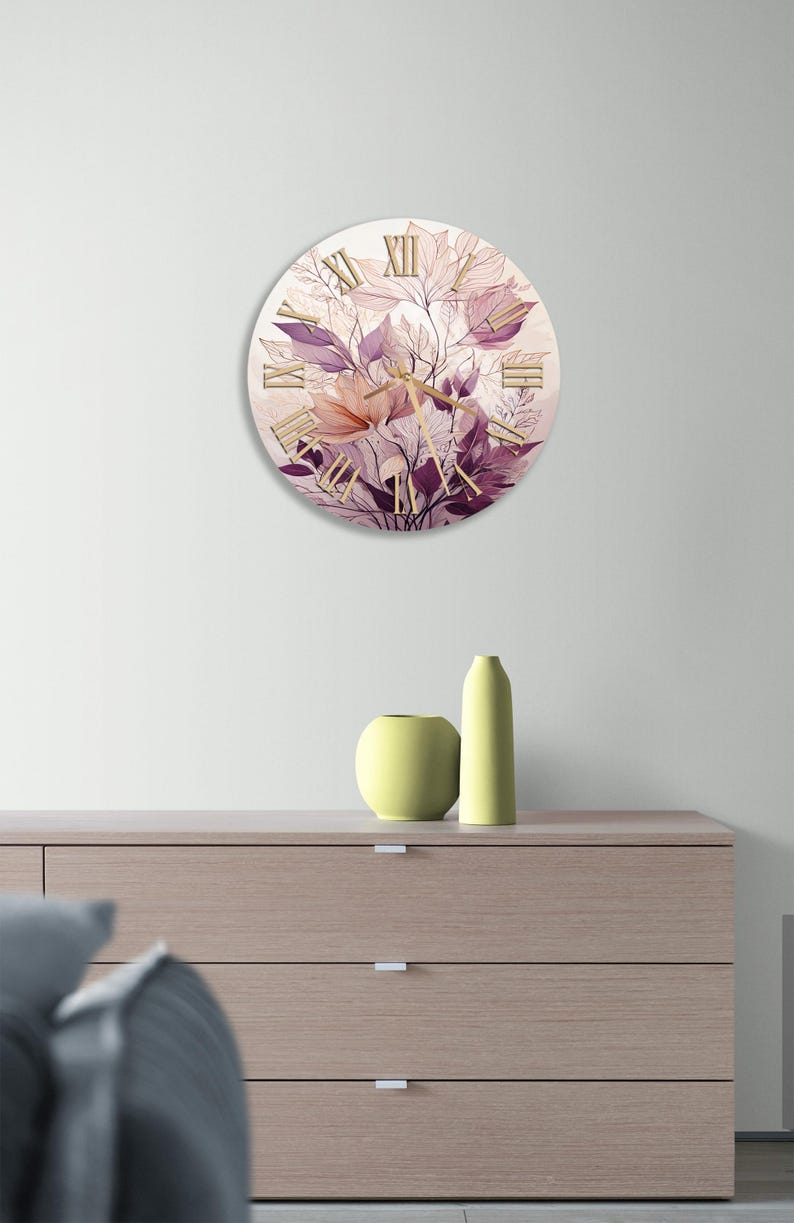Feuille violette beige sur verre trempé avec horloge murale botanique