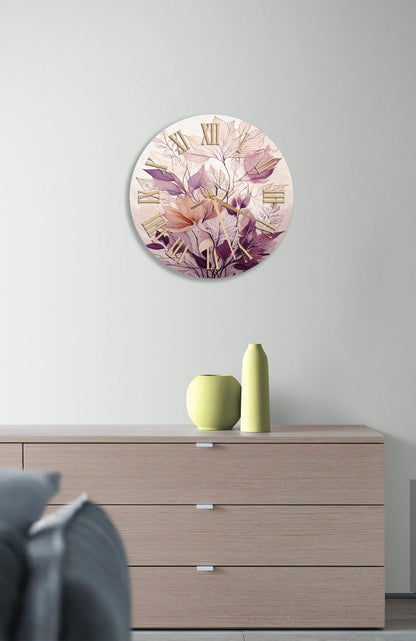 Feuille violette beige sur verre trempé avec horloge murale botanique