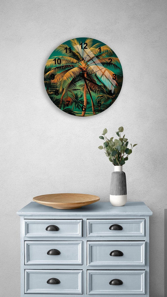 Île tropicale en déco avec horloge murale palmier en verre trempé