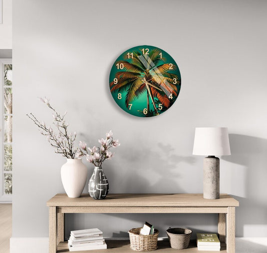 Horloge murale en verre trempé avec motif de palmier tropical vibrant