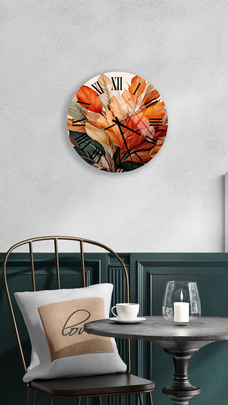 Feuilles d'automne en verre trempé avec horloge murale chiffres romains