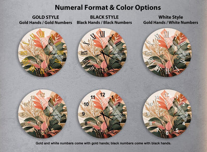 Chiffres noirs sur feuille tropicale avec horloge murale jungle en verre