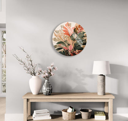 Chiffres noirs sur feuille tropicale avec horloge murale jungle en verre