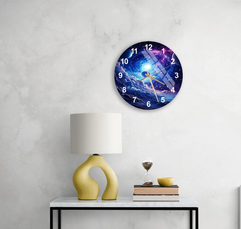 Nébuleuse bleue sur verre trempé avec horloge murale Galaxy Vortex
