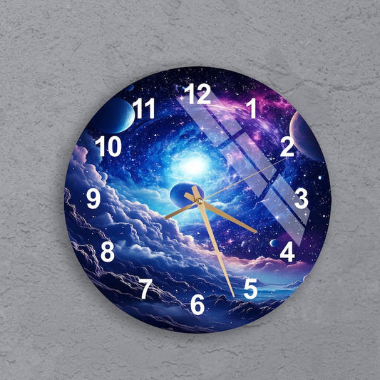 Nébuleuse bleue sur verre trempé avec horloge murale Galaxy Vortex
