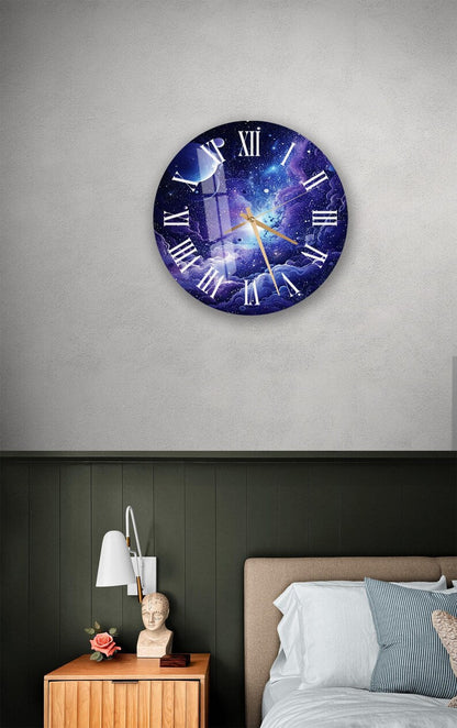 Galaxie violette dorée sur verre trempé avec horloge murale spatiale