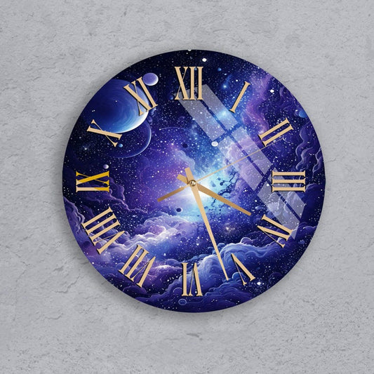 Galaxie violette dorée sur verre trempé avec horloge murale spatiale