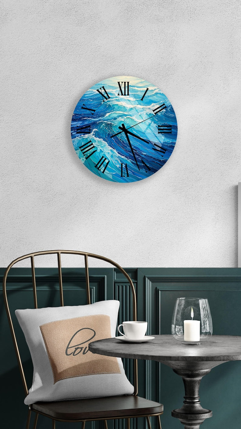 Horloge murale en verre trempé à motif de vagues bleues de l'océan
