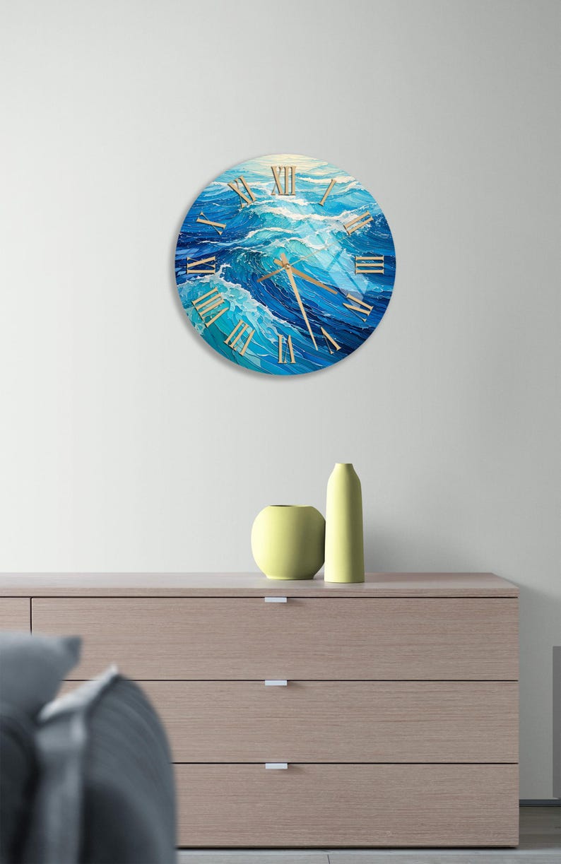 Horloge murale en verre trempé à motif de vagues bleues de l'océan