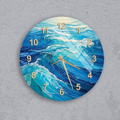 Horloge murale en verre trempé à motif de vagues bleues de l'océan