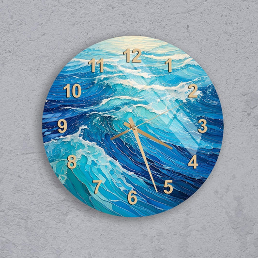Horloge murale en verre trempé à motif de vagues bleues de l'océan