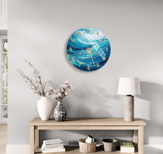 Marbre bleu océan sur verre trempé avec horloge murale salle de bain