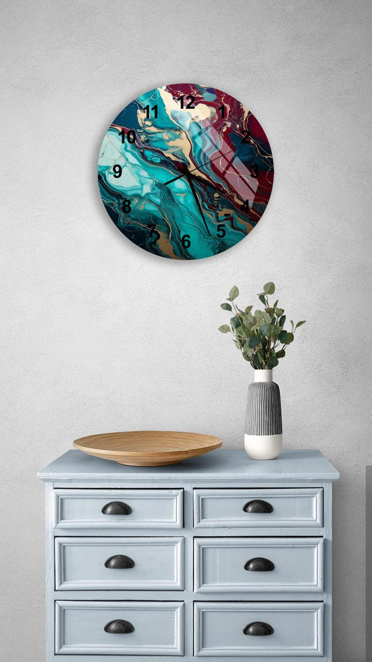 Marbre bleu sarcelle sur verre trempé avec horloge murale silencieuse