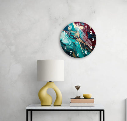 Marbre bleu sarcelle sur verre trempé avec horloge murale silencieuse