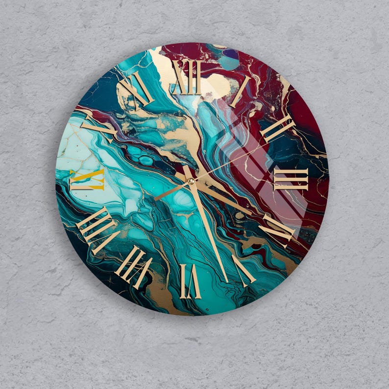 Marbre bleu sarcelle sur verre trempé avec horloge murale silencieuse