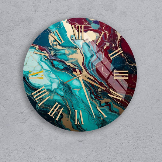 Marbre bleu sarcelle sur verre trempé avec horloge murale silencieuse