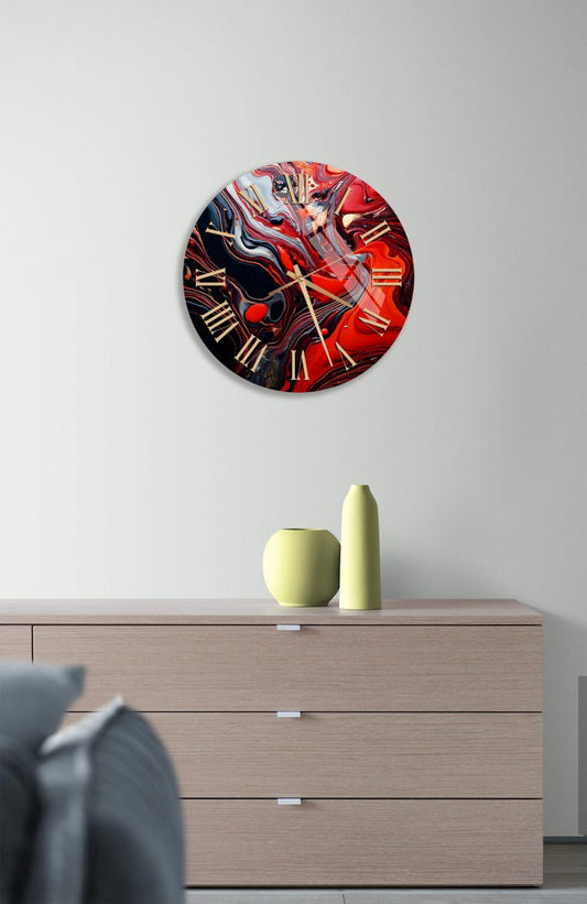 Tourbillons rouge noir sur verre trempé avec horloge murale moderne
