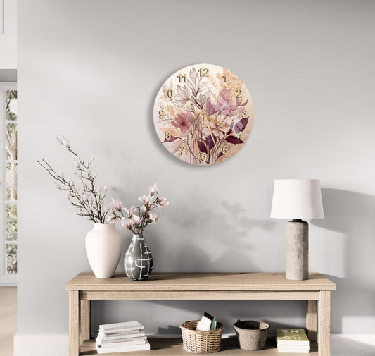 Fleurs beige bourgogne sur verre trempé avec horloge murale florale neutre