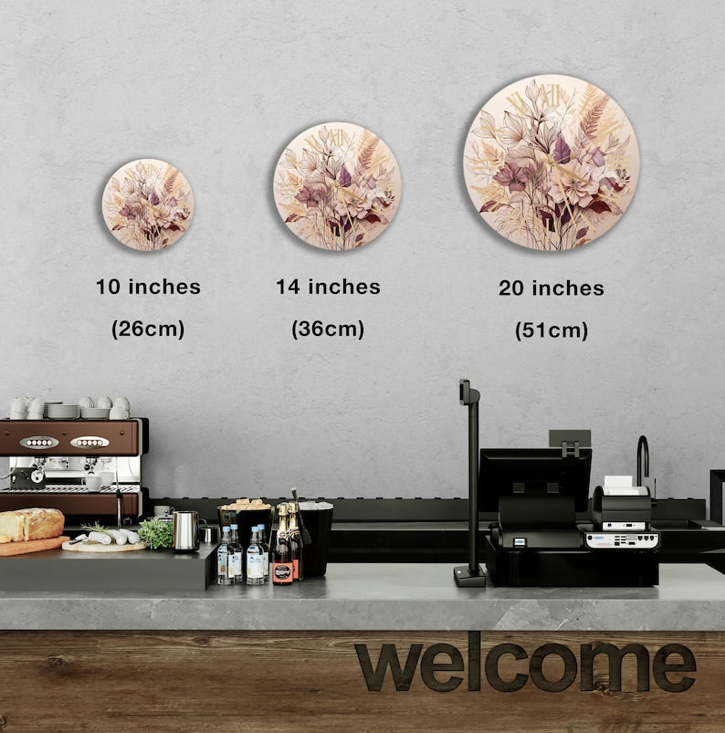Fleurs beige violette sur verre trempé avec horloge murale botanique