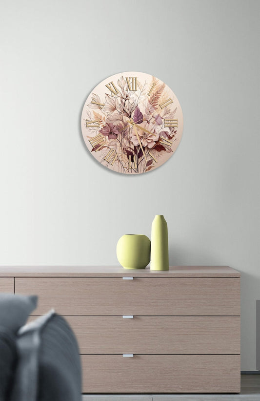 Fleurs beige violette sur verre trempé avec horloge murale botanique