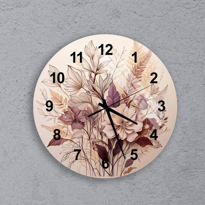 Fleurs beige violette sur verre trempé avec horloge murale botanique