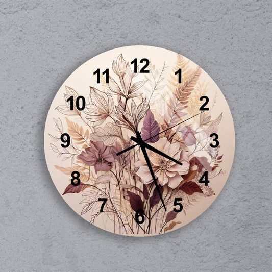 Fleurs beige violette sur verre trempé avec horloge murale botanique