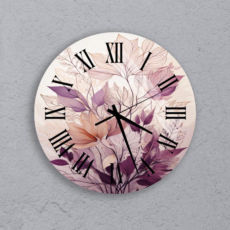 Feuille violette beige sur verre trempé avec horloge murale botanique